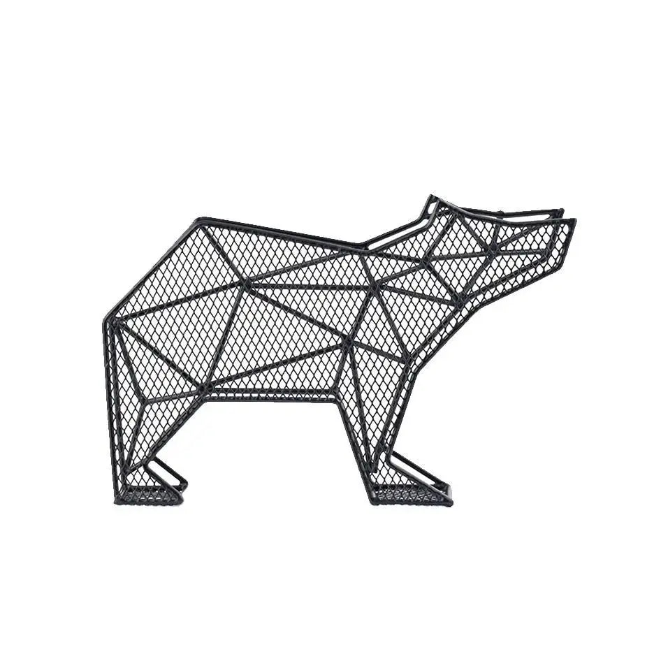 Sculpture d’ours en maille filaire géométrique noire, acier émaillé brillant, forme d’ours fun