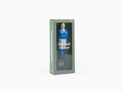 Décapsuleur baby-foot bleu et blanc en figurine, accessoire original en boîte verte