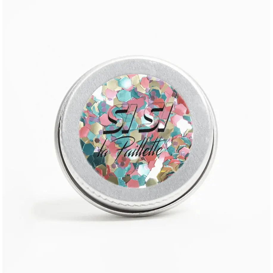 Contenant rond de paillettes bang bang colorées, vegan et parfait pour briller
