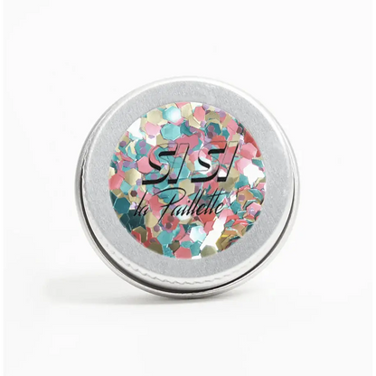 Contenant rond de paillettes bang bang colorées, vegan et parfait pour briller