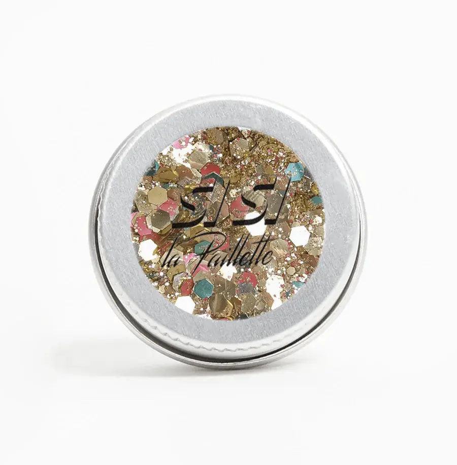 Petit pot rond de paillettes vegan Baronne Du Dimanche, touche lumineuse iridescente