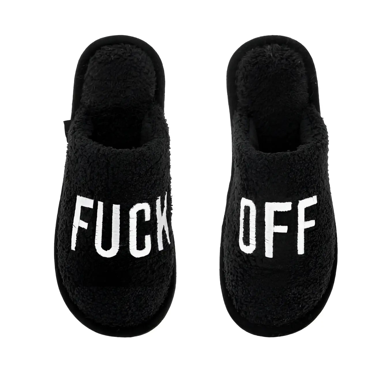 Pantoufles noires fuzzy avec Fuck Off brodé, personnalité affirmée d’une génération