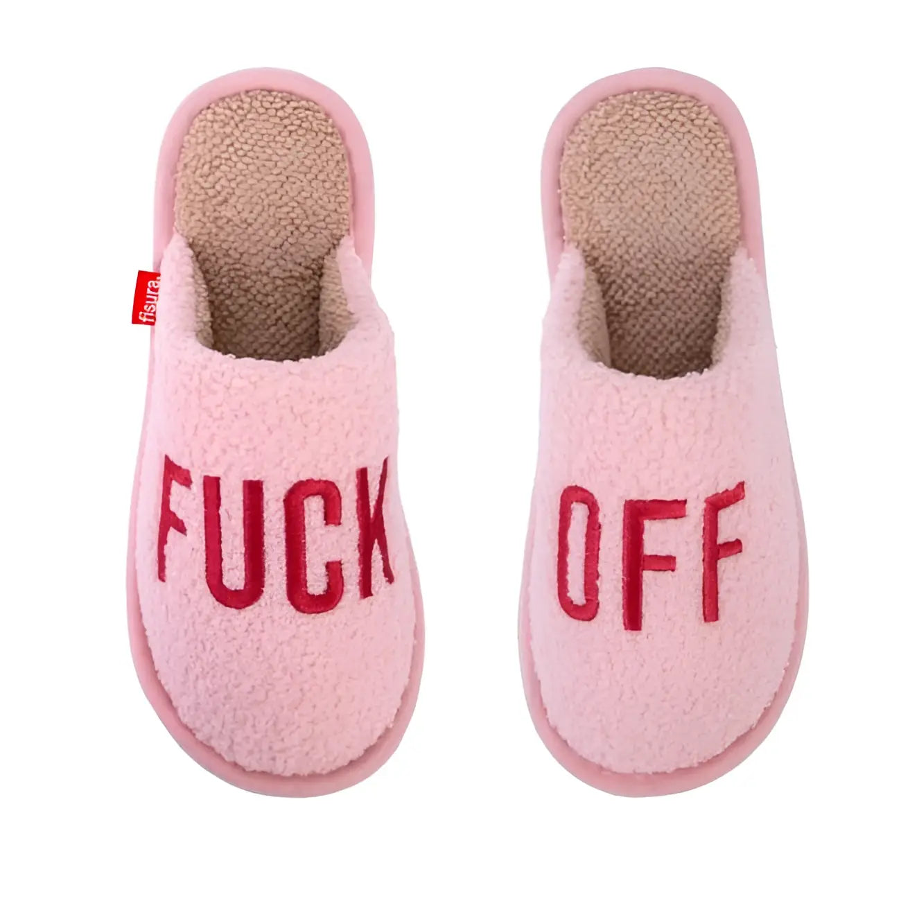 Pantoufles fuck off rose avec texte brodé rouge sur paire floue