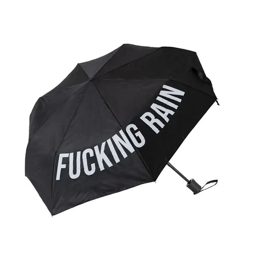 Parapluie compact noir ’Fucking Rain’ prêt à affronter la météo capricieuse