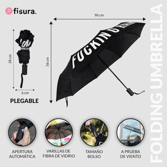 Parapluie pliable noir Fucking Rain, prêt à affronter la météo capricieuse avec clin d’œil audacieux