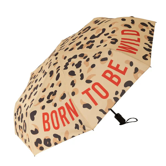 Parapluie léopard beige et noir avec message born to be wild