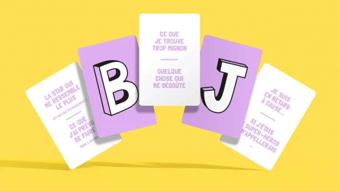 Cartes violettes et blanches avec phrases françaises en noir gras, Mon Petit Bac de Minus Editions, cadeau original
