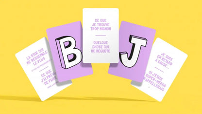 Cartes violettes et blanches avec phrases françaises en noir gras, Mon Petit Bac de Minus Editions, cadeau original