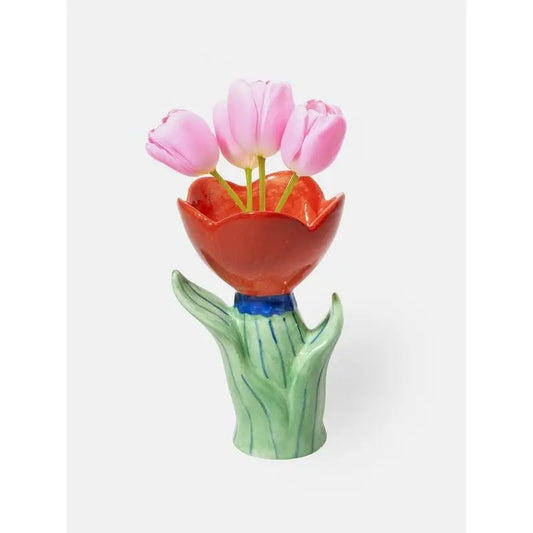 Petit vase fleur en céramique avec tulipes roses, touche florale