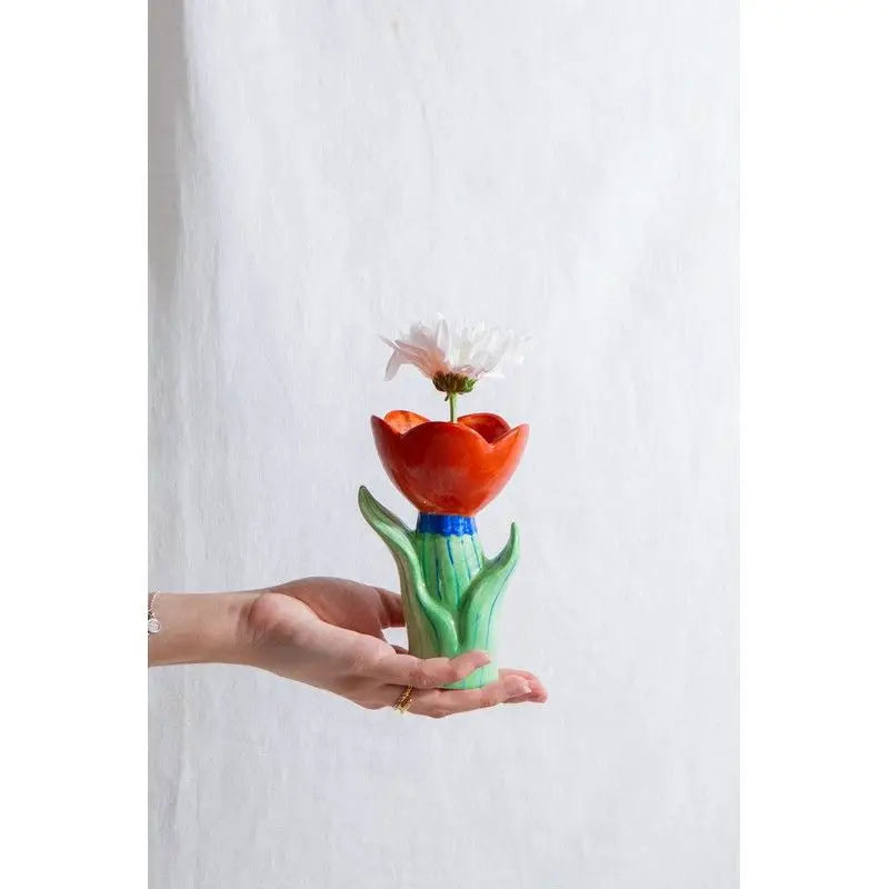 Petit vase fleur en céramique tulipe, touche florale orange, bleu et vert avec fleur blanche