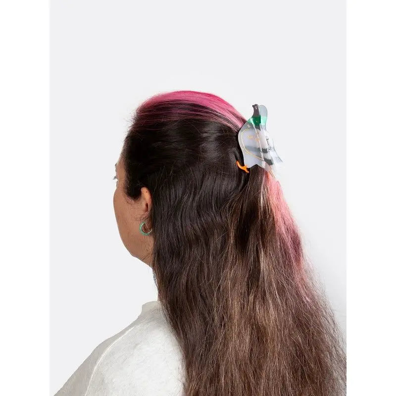 Femme aux cheveux sombres et mèches roses avec pince à cheveux pigeon design créatif