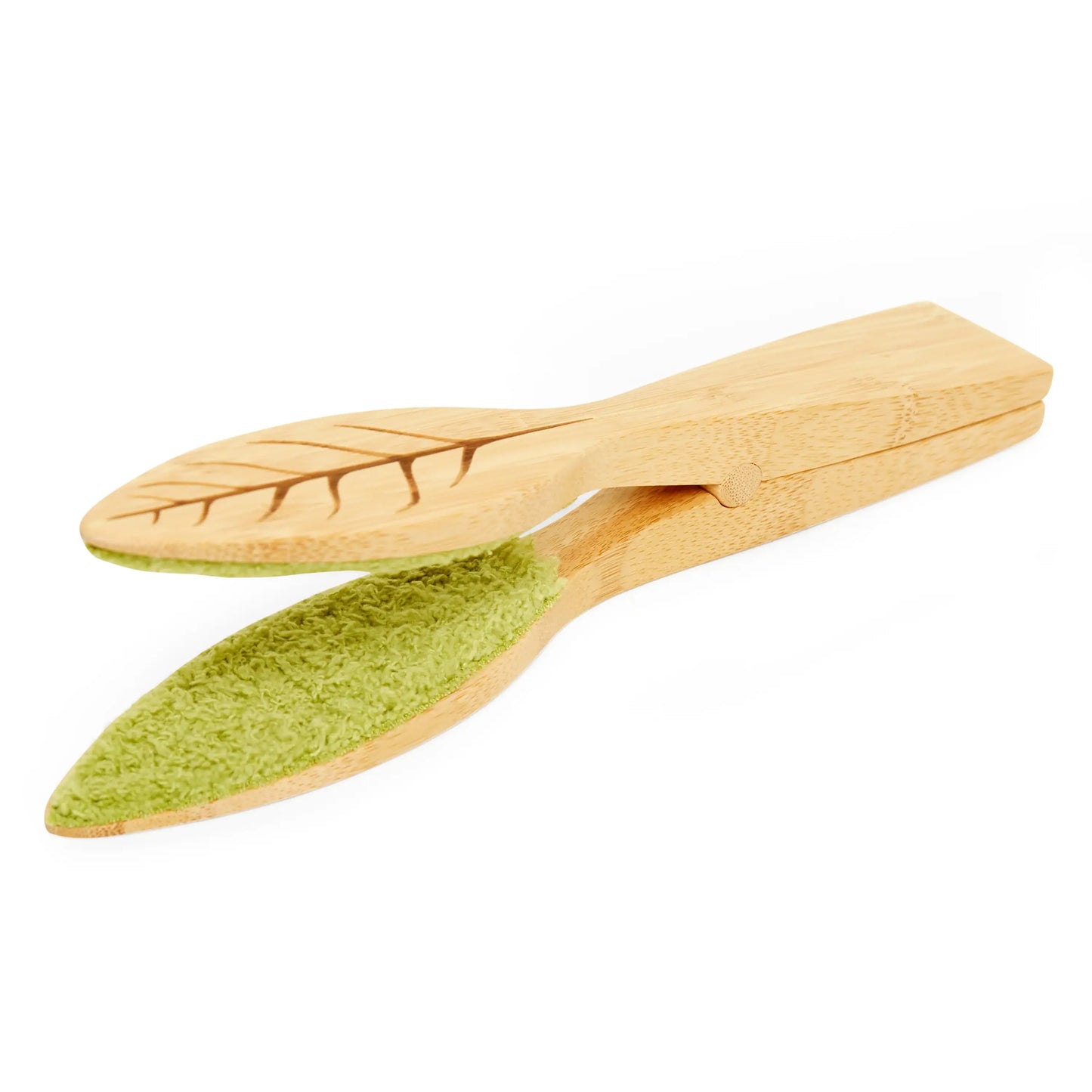 Pince à feuilles en bois clair avec bouts en forme de feuille, pour jungle urbaine et bien-être végétal