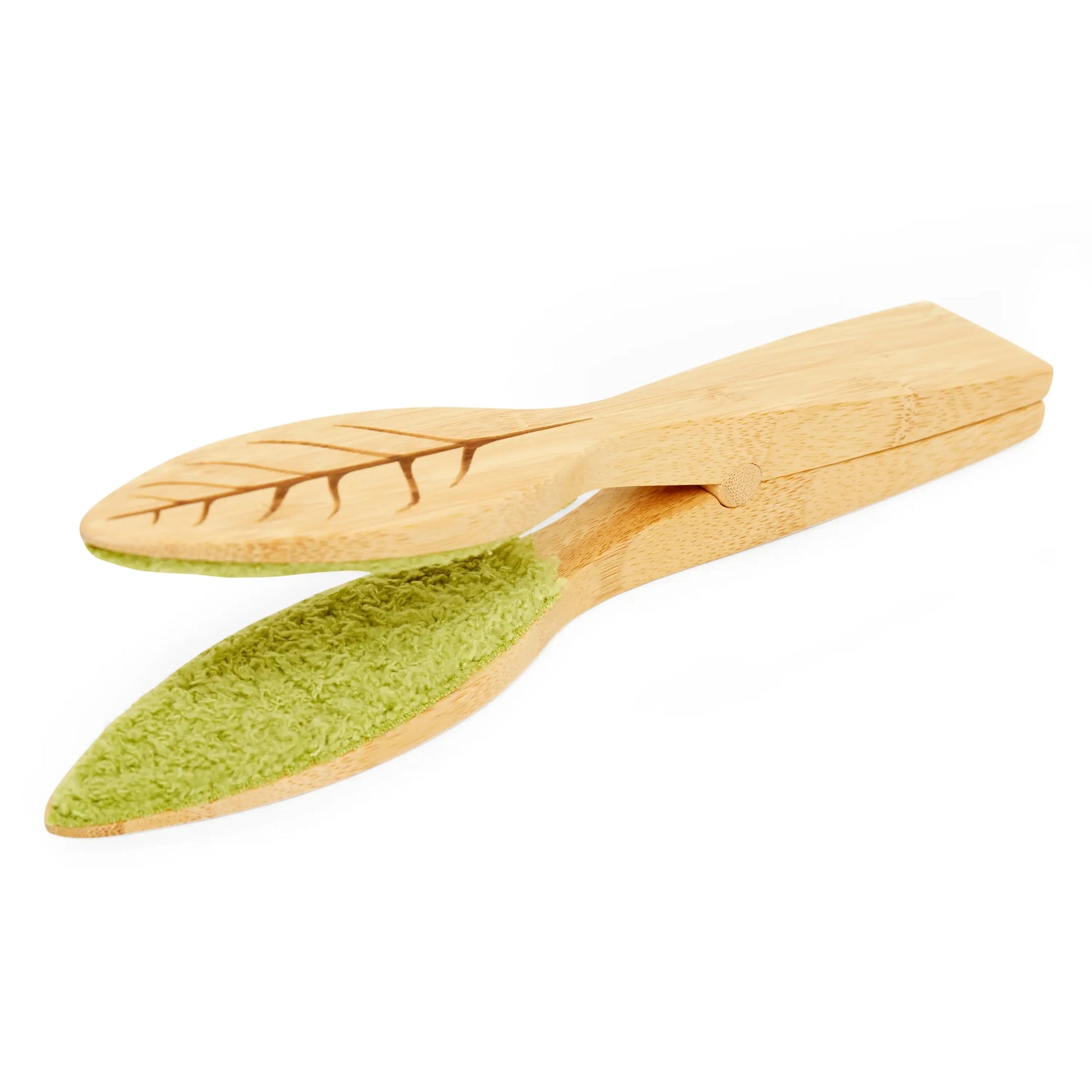 Pince à feuilles en bois clair avec bouts en forme de feuille, pour jungle urbaine et bien-être végétal