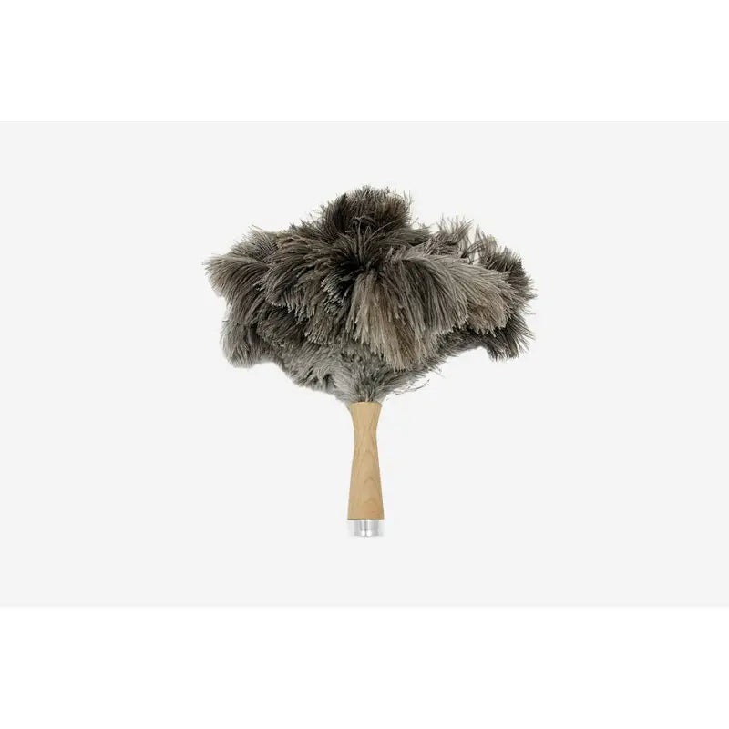 Plumeau à poussière en bois de hêtre 30 cm avec véritables plumes d’autruche grises et manche en bois clair