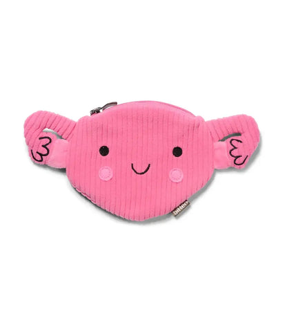 Pochette utérus rose en velours côtelé, sourire et zip, idée cadeau originale audacieuse