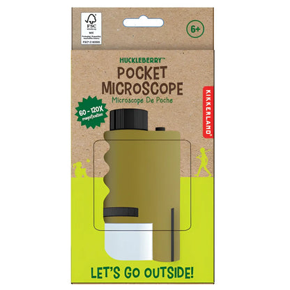 Microscope de poche Hunckleberry vert olive avec boutons noirs texturés et base blanche, emballé en carton