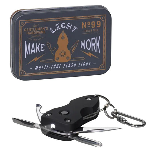 Multi-tool pocket avec lampe de poche noire et lames argentées