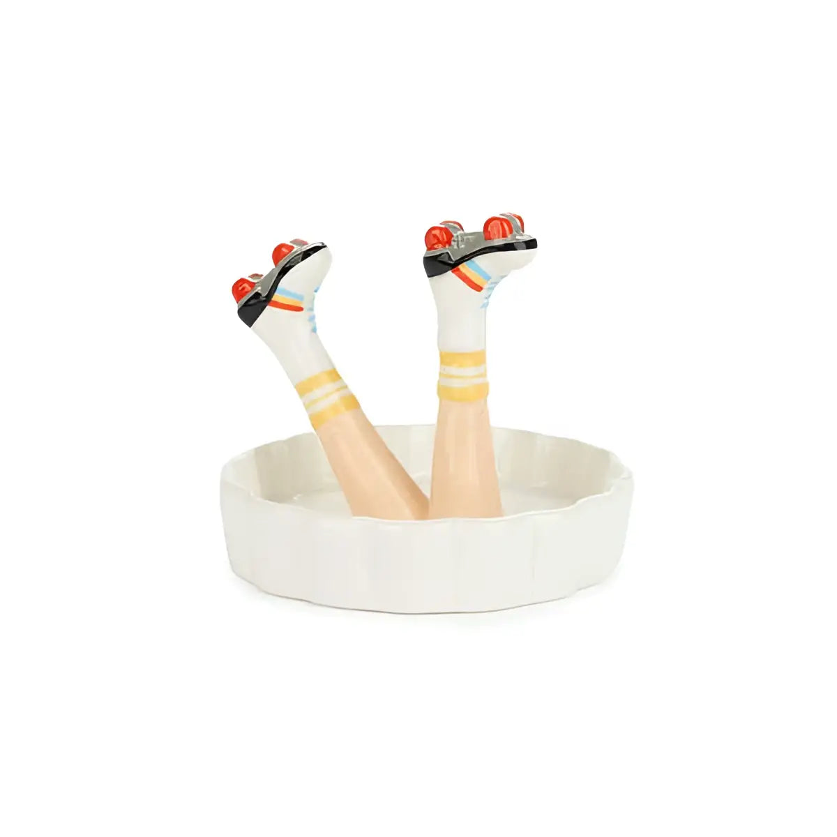 Plat en céramique blanc Happy Legs Retro, forme jambes patins à roulettes disco