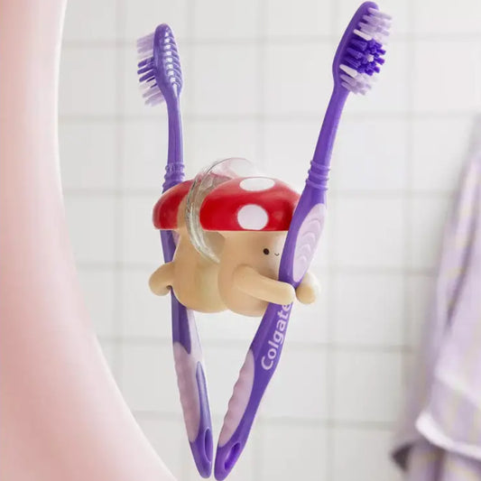 Porte-brosse à dents champignons rouge beige avec deux brosses à dents violettes, idée cadeau sympa