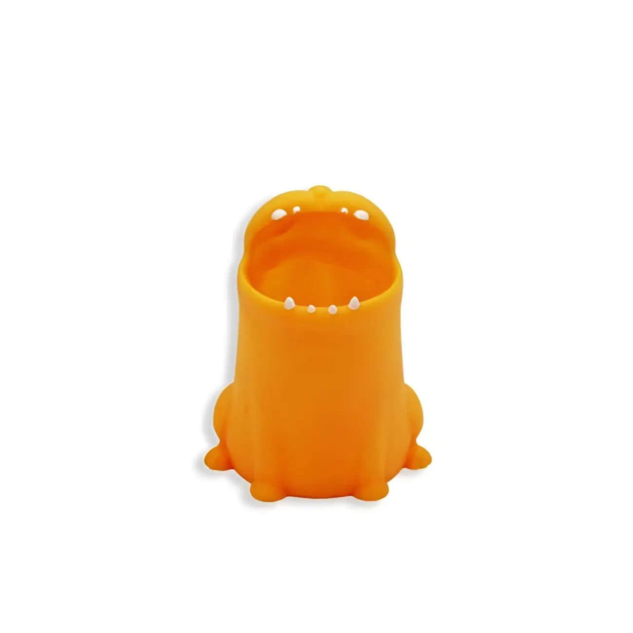 Porte-brosse à dents dinosaure orange vif avec dents blanches, compagnon félin humoristique