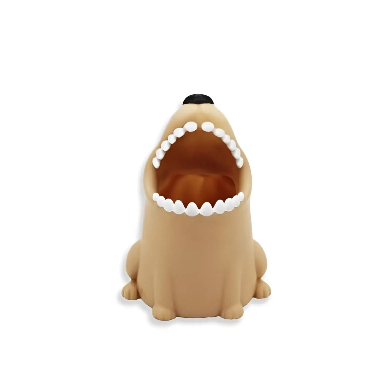 Figurine chien en plastique tan, bouche ouverte, dents blanches, nez noir, porte-brosse à dents