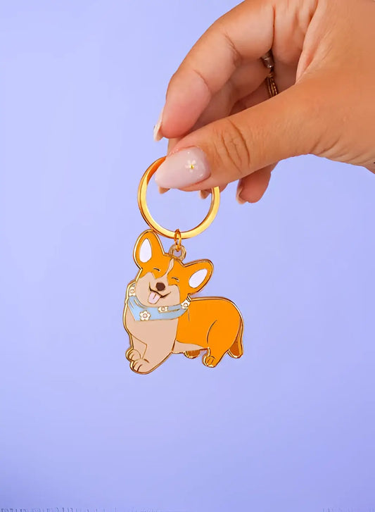 Porte-clé corgi orange joyeux au bandana bleu, compagnon fidèle ludique