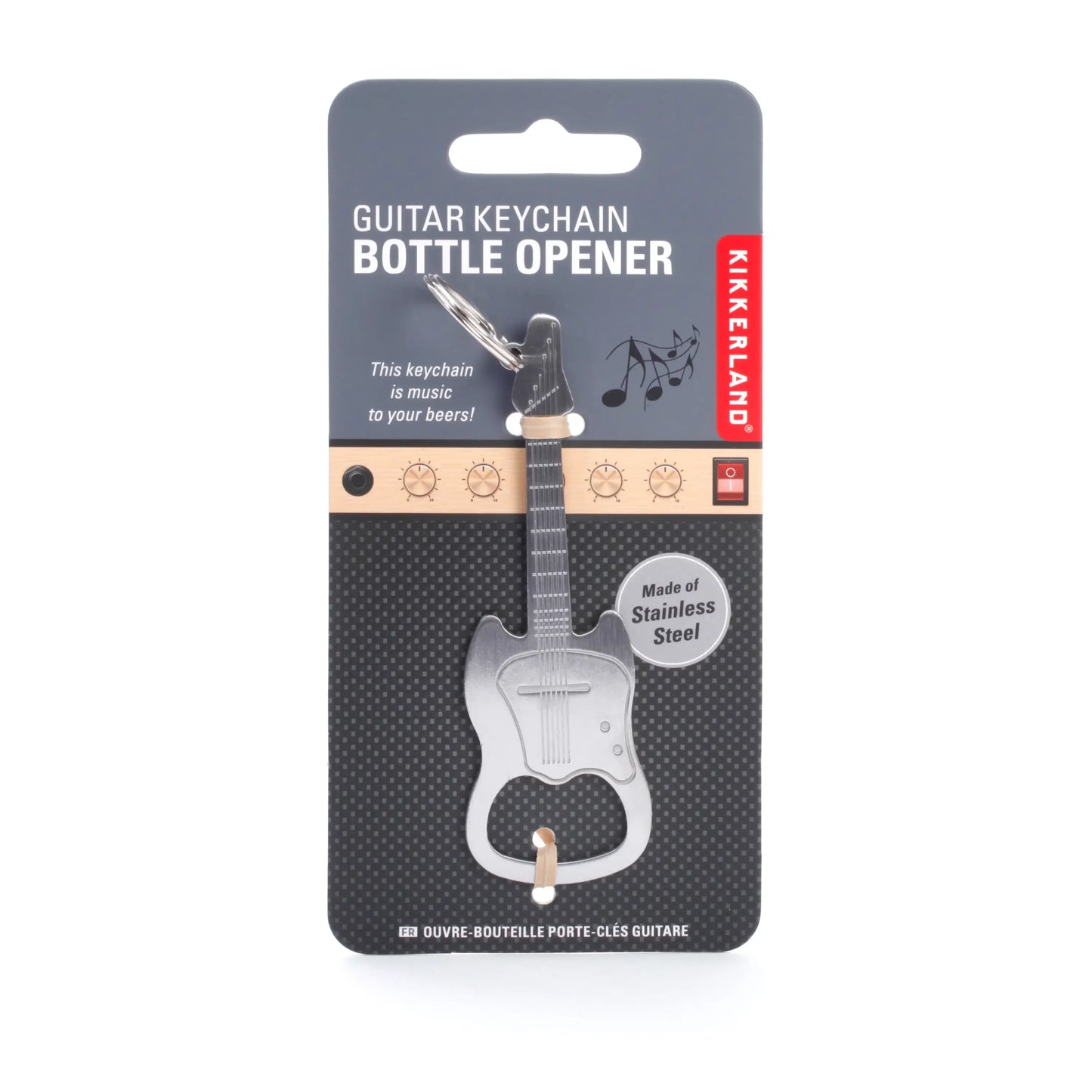 Porte-clés décapsuleur guitare argenté en acier inoxydable, outil pratique