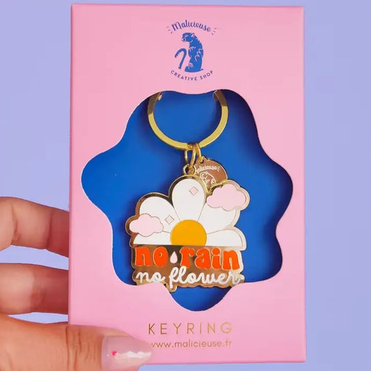 Porte-clé no rain no flowers avec émaillage coloré, design daisy et clouds, idée cadeau