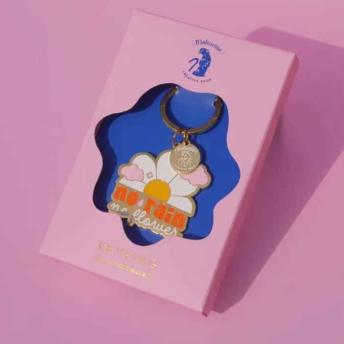Porte-clé no rain no flowers avec émaillage coloré, motif marguerite, idée cadeau cool