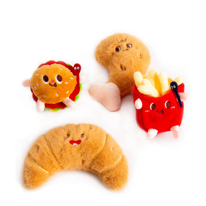 Porte-clé peluche croissant avec burger, frites et texture douce