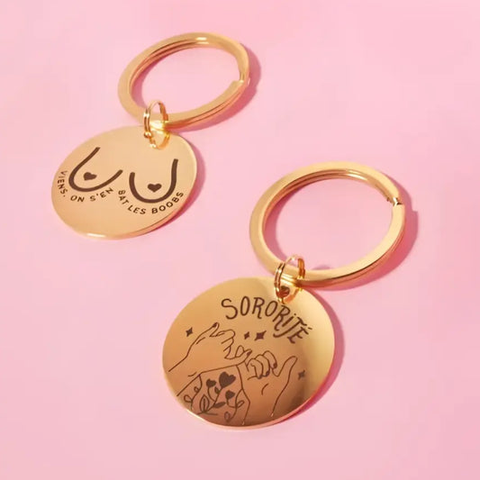 Deux porte-clés sororité en acier inoxydable doré, parfaits pour ton style inoxydable doré