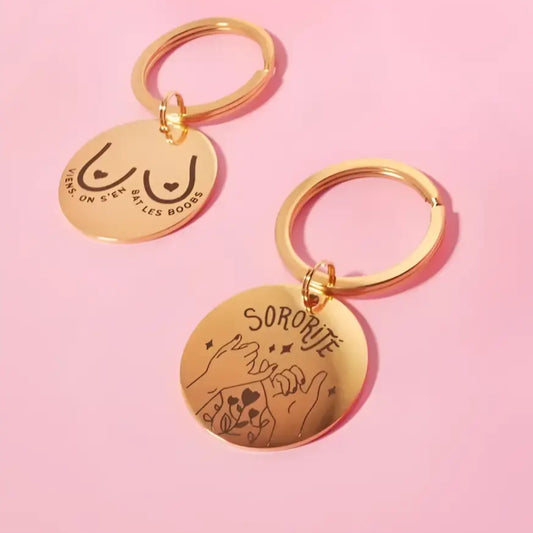 Deux porte-clés sororité en acier inoxydable doré parfaits pour ton style