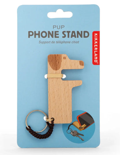 Porte clé support téléphone chien en bois clair, objet ingénieux