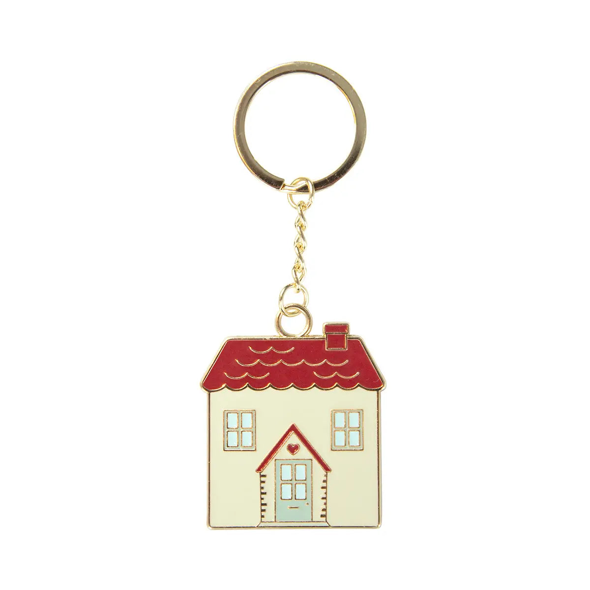 Porte-clés maison charmant en émail avec toit rouge, murs crème et porte bleue à cœur
