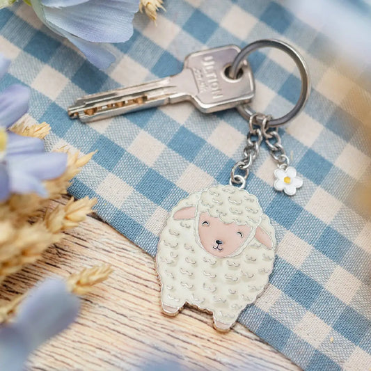 Porte-clés mouton en émail blanc mignon avec fleur, touche douce idée cadeau