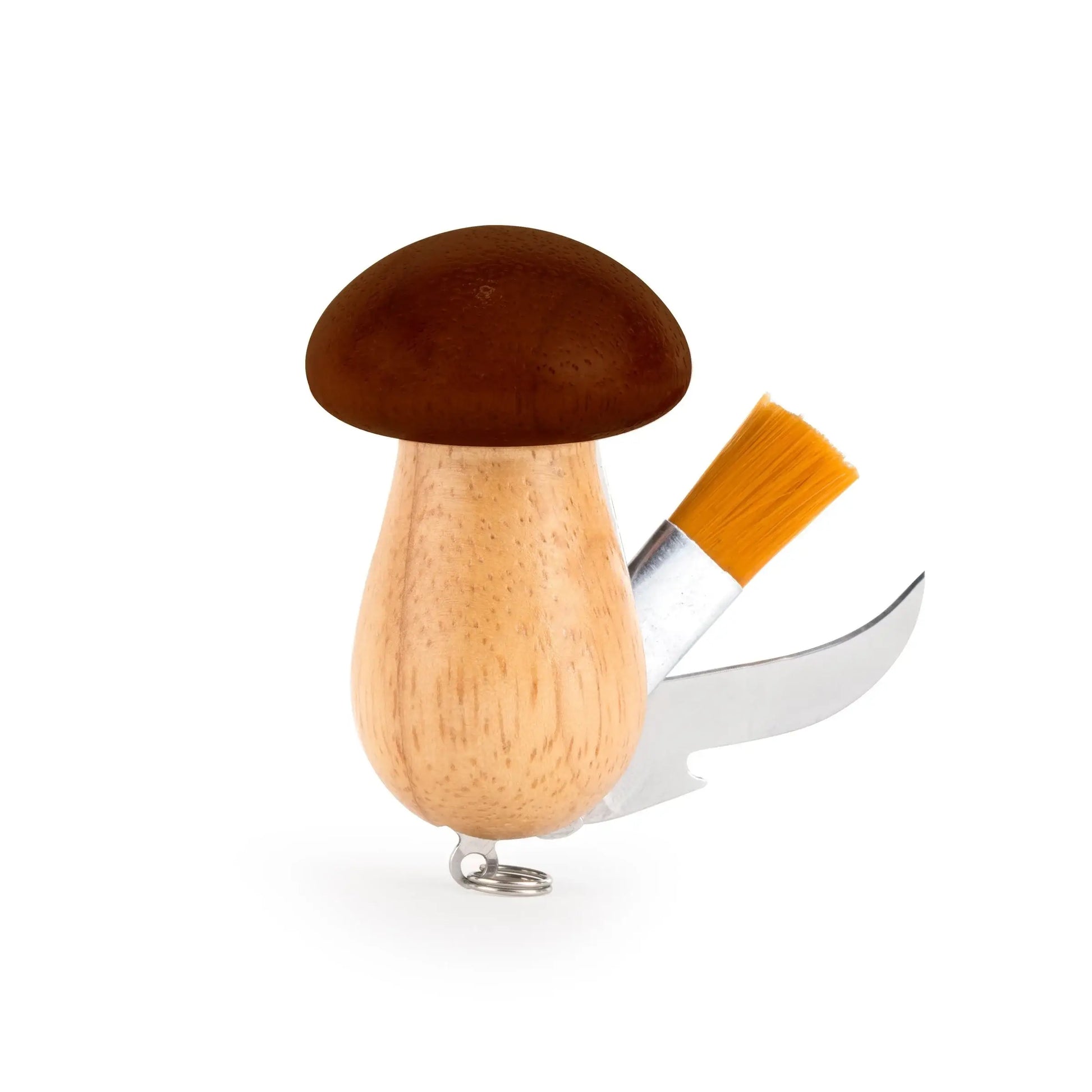 Porte-clés outil champignon en bois noble, brosse et couteau intégrés