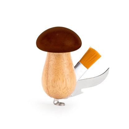 Porte-clés outil champignon en bois noble, brosse et couteau intégrés