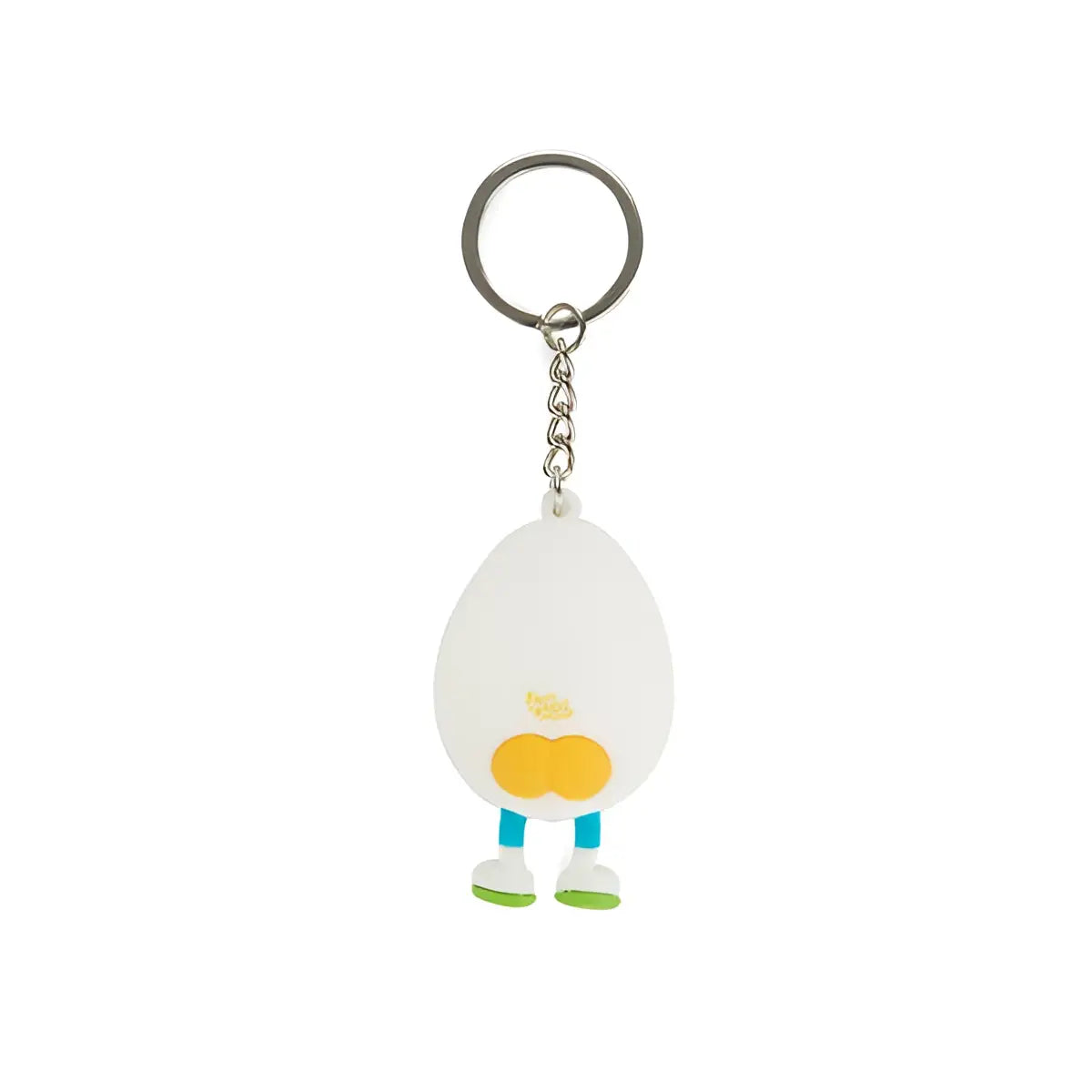 Porte-clés design Ramen Eggo : œuf blanc au jaune, ventre orange, pattes bleues, chaussures vertes
