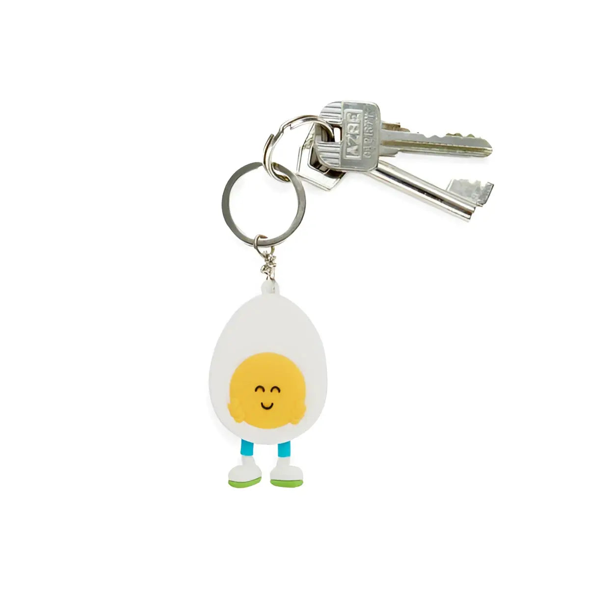 Porte-clés design Ramen Eggo en forme doerf œuf jaune et blanc avec jambes bleues, œuvre dart inspirée culture japonaise
