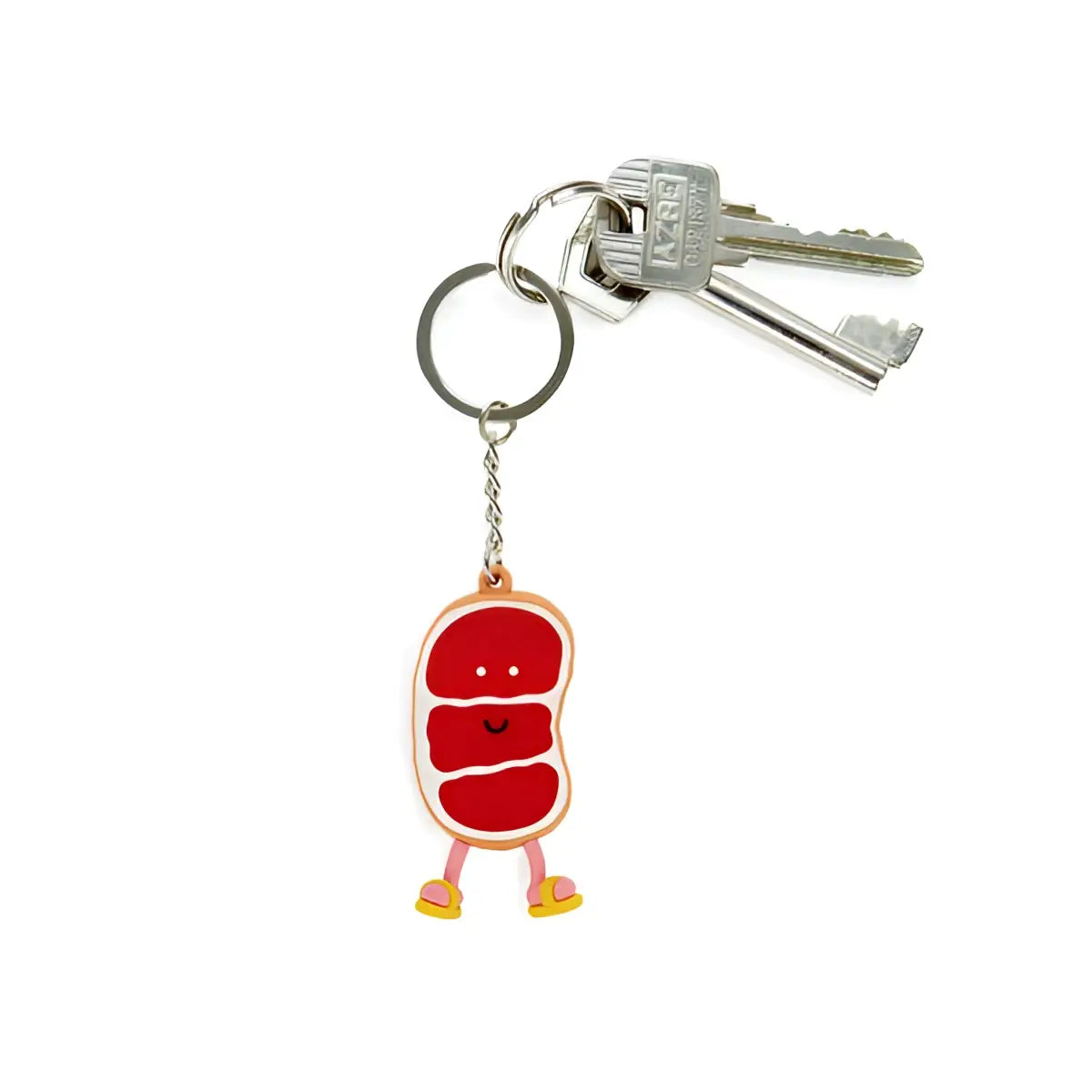 Porte-clés Ramen Gyū Sensei : steak cartoon souriant rouge et rose