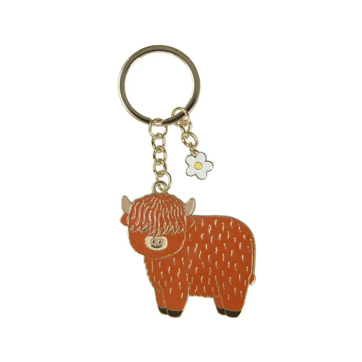 Porte-clés highland cow orange émaillé avec fleur blanche