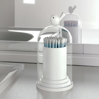 Porte cure-dents original avec dôme verre, oiseau et coton-tiges bleus
