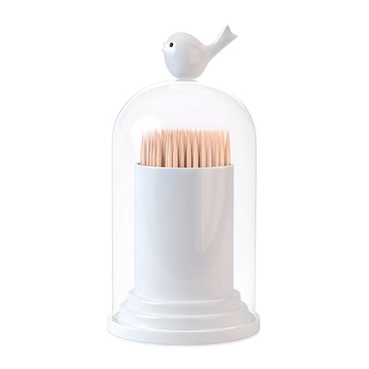 Porte cure-dents Birdies en céramique blanche avec dôme en verre et oiseau