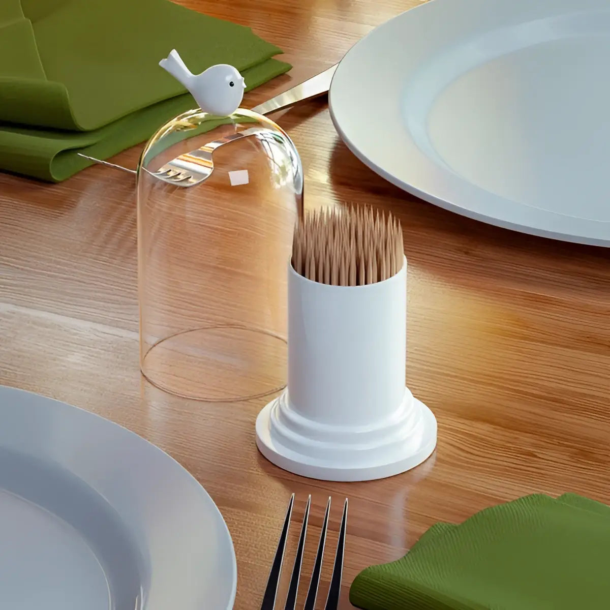 Porte cure-dents en céramique blanche avec dôme en verre et oiseau, touche d’originalité