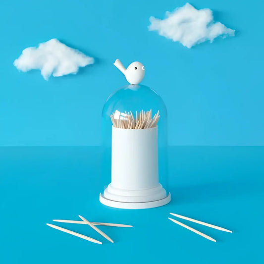 Porte cure-dents Birdies en céramique blanche avec dôme en verre et oiseau original
