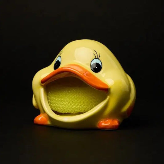 Porte éponge canard en céramique jaune avec bec orange pour la cuisine