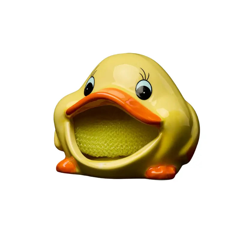 Porte-éponge canard jaune en céramique avec éponge verte mesh, résistance à l’humidité