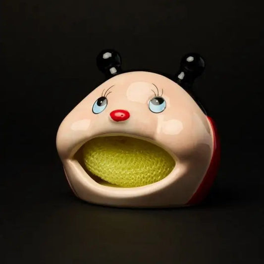 Porte éponge Coccinelles avec une coccinelle en céramique et une éponge jaune