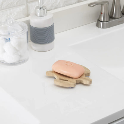 Savon rose clair rectangulaire sur Porte-Savon Tortue bois clair, plus conscient