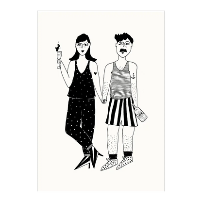 Illustration B&W couple en pyjama tenant la main, touche d’émotion sincère pour ambiance chaleureuse